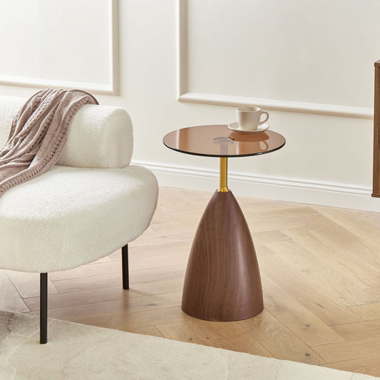Side Table with Tempered Glass Top and Gold Accent Brown Metal Base
