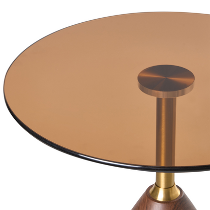 Side Table with Tempered Glass Top and Gold Accent Brown Metal Base
