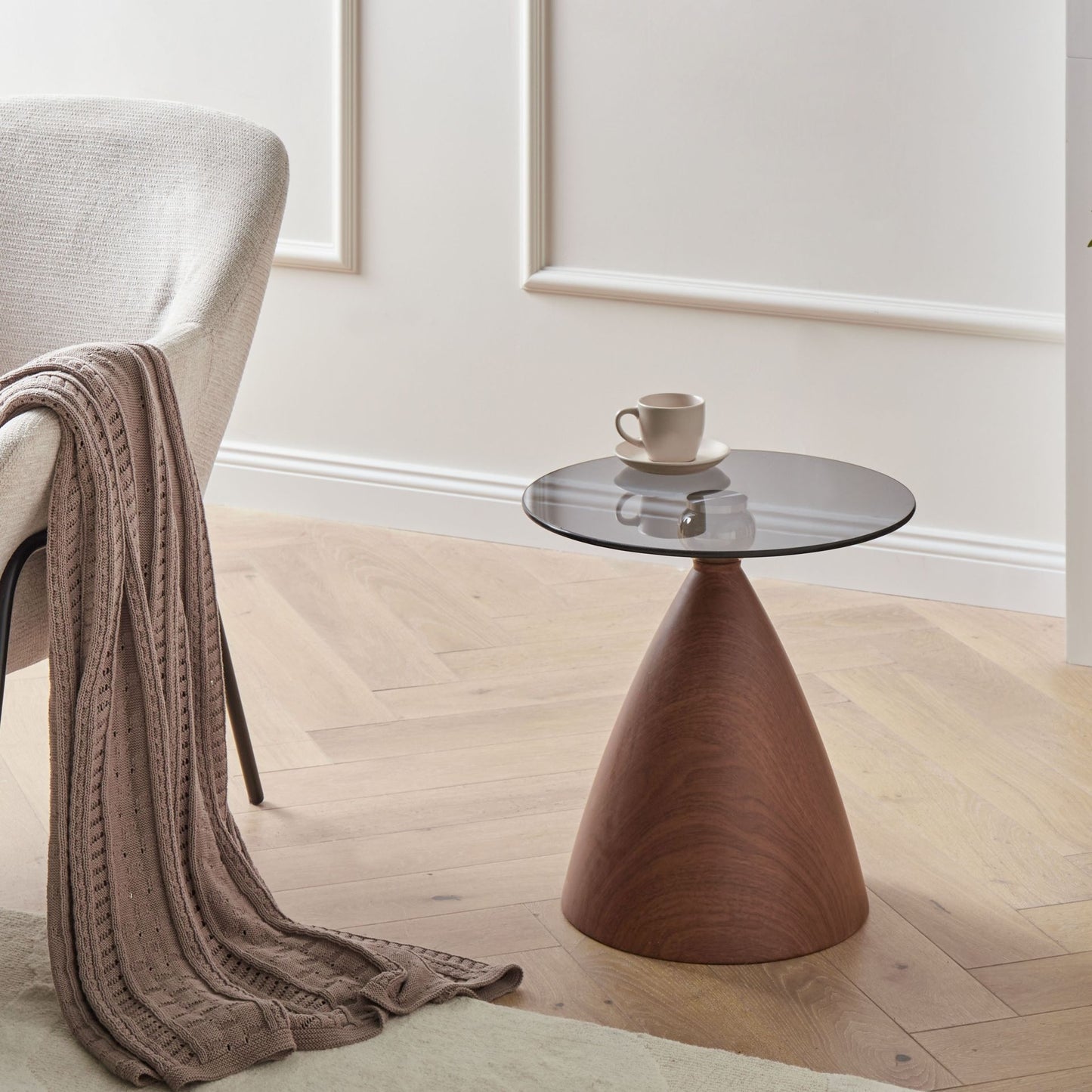 Side Table Small Brown And Black Metal Cone Base Tempered Glass Top