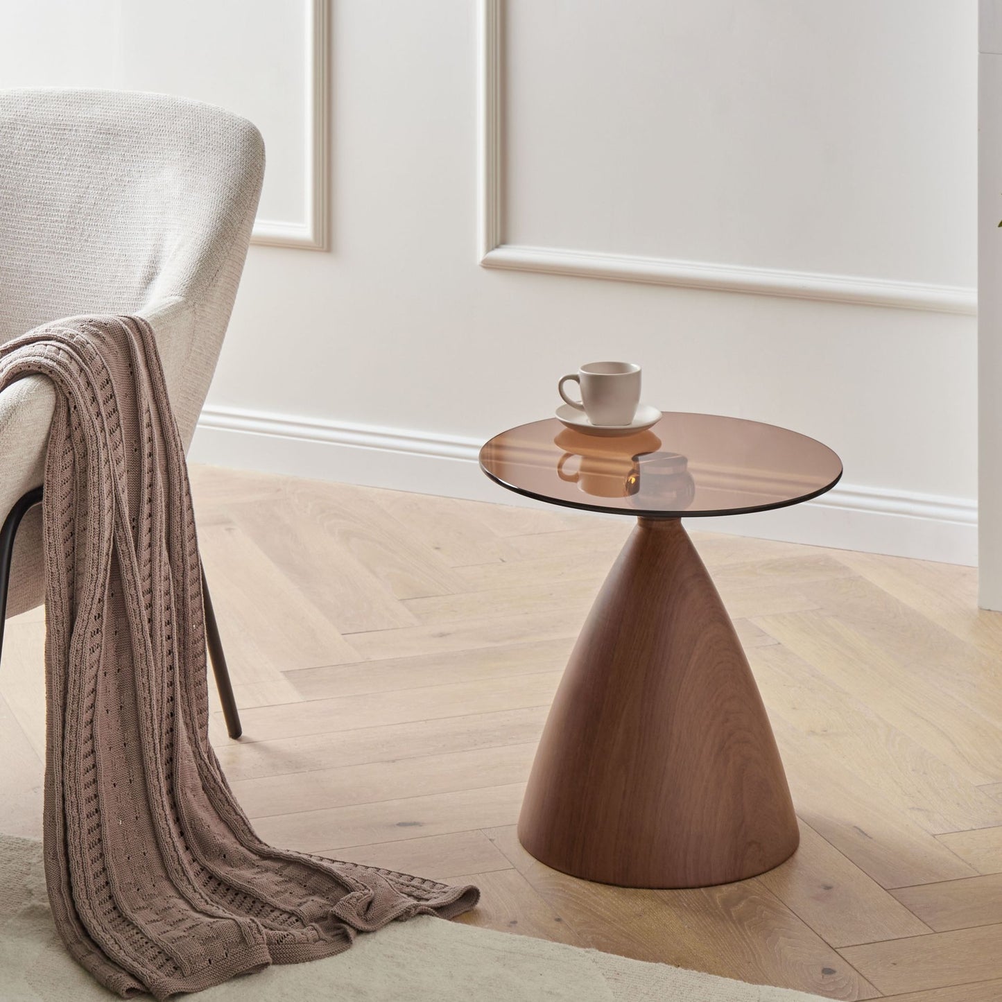 Small Side Table Tempered Glass Top Brown Metal