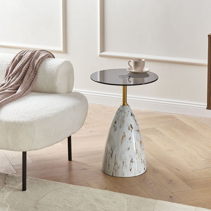 Small Side Table White Black Marble Effect Base With Gold Accent Glass Top