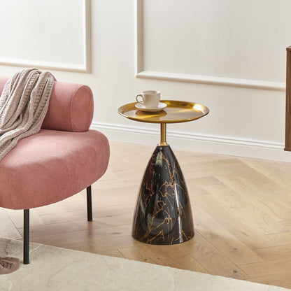 Side Table Black Gold Metal Glass Top Marble Effect