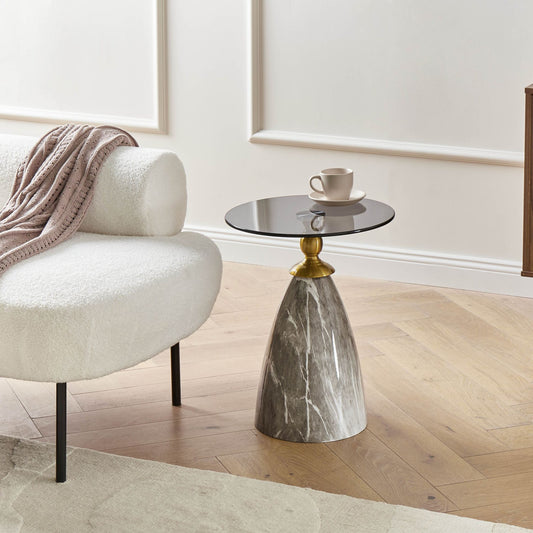 Side Table Metal Black Tempered Glass Top Marble Effect