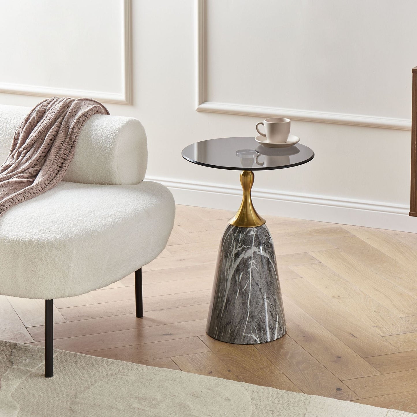 Side Table Grey Metal Tempered Glass Top Marble-Effect Small