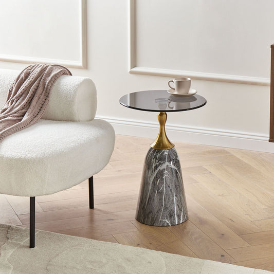 Side Table Grey Metal Tempered Glass Top Marble-Effect Small