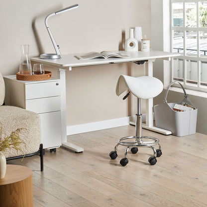 Office Saddle Stool White Faux Leather, Adjustable Swivel