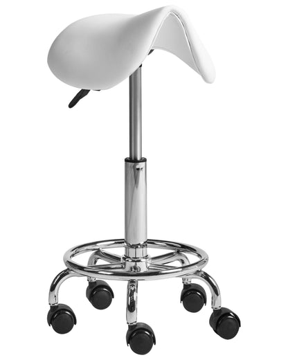 Office Saddle Stool White Faux Leather, Adjustable Swivel