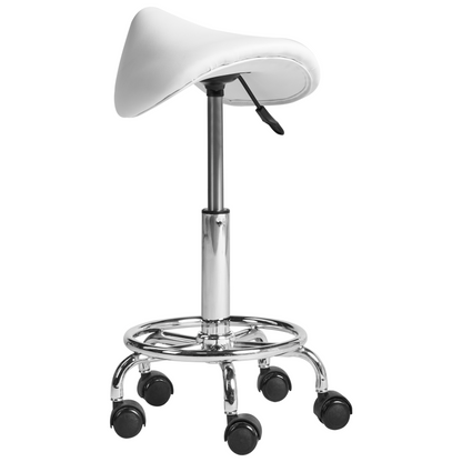 Office Saddle Stool White Faux Leather, Adjustable Swivel