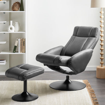 Recliner Armchair With Footstool Black Vegan Leather Swivel