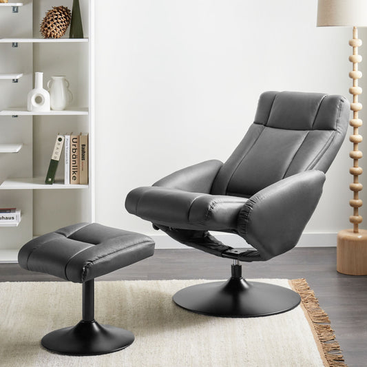 Recliner Armchair With Footstool Black Vegan Leather Swivel