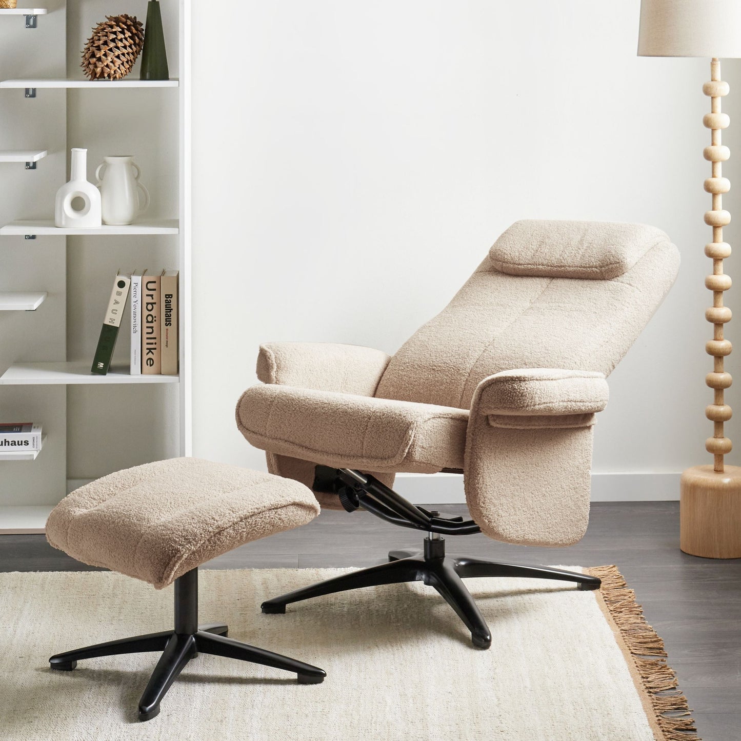 Beige Boucl? Recliner Armchair With Swivel Footstool