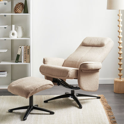Beige Boucl? Recliner Armchair With Swivel Footstool