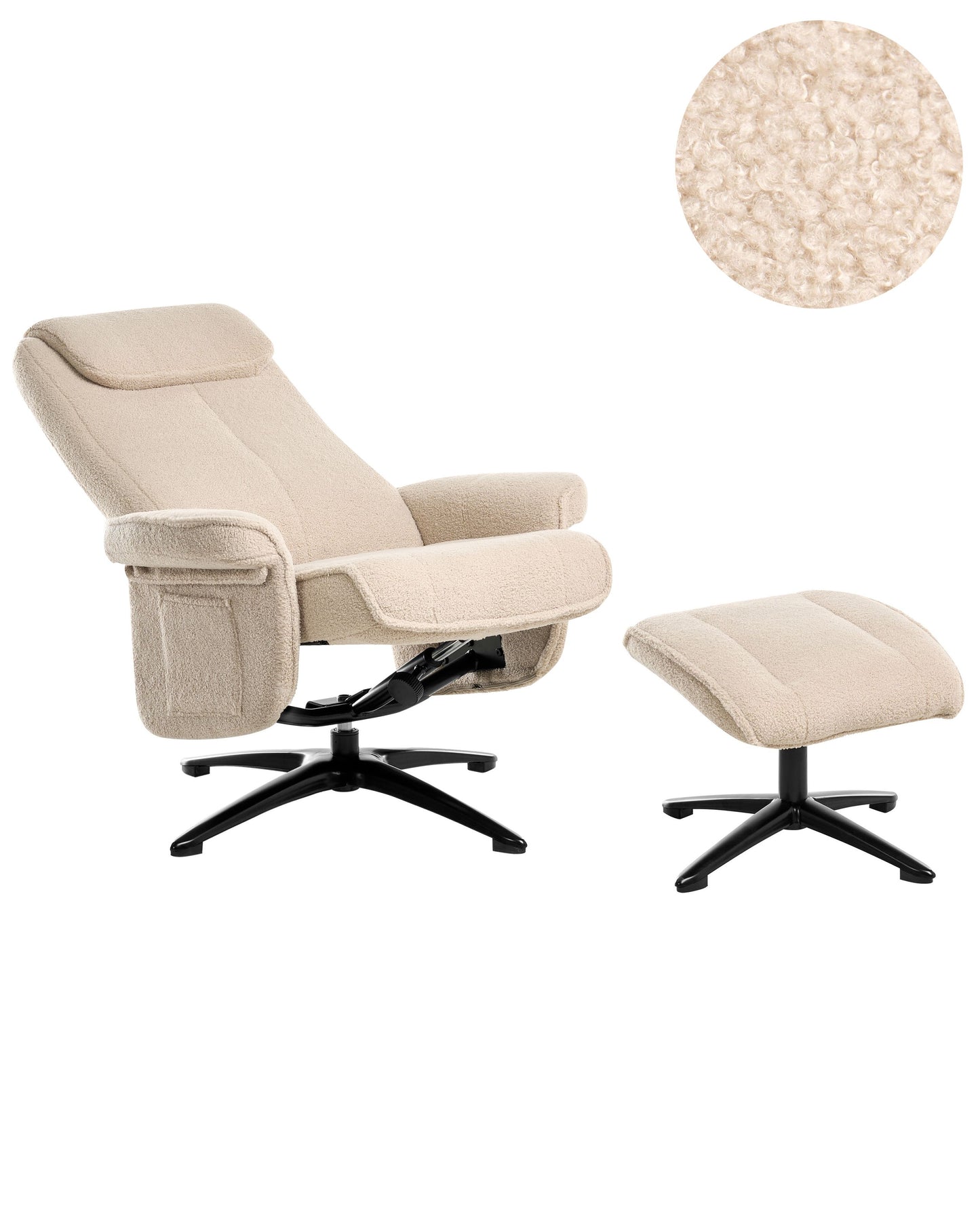 Beige Boucl? Recliner Armchair With Swivel Footstool