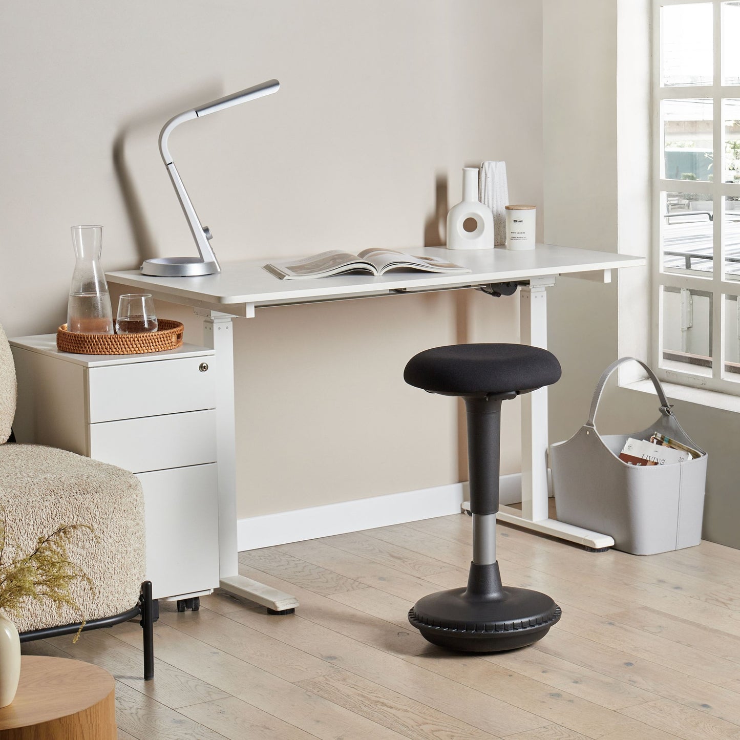 Office Wobble Stool Black Fabric Upholstered Adjustable Height With Metal Frame