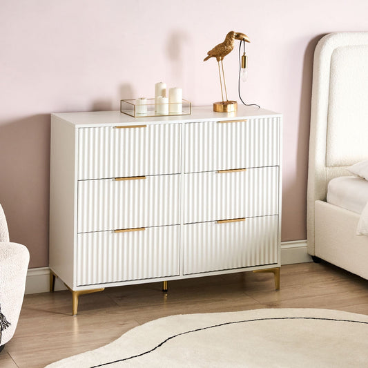 LuxeCasa White MDF Six Drawer Chest With Fluted Fronts Gold Metal Handles For Bedroom And Living Room