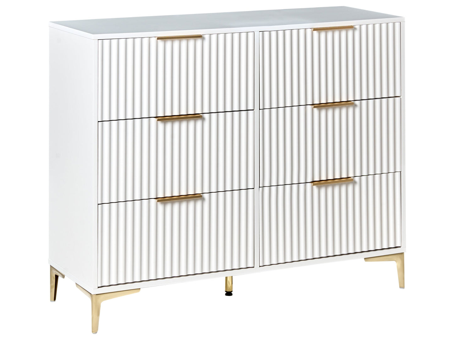 LuxeCasa White MDF Six Drawer Chest With Fluted Fronts Gold Metal Handles For Bedroom And Living Room
