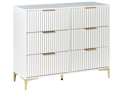 LuxeCasa White MDF Six Drawer Chest With Fluted Fronts Gold Metal Handles For Bedroom And Living Room