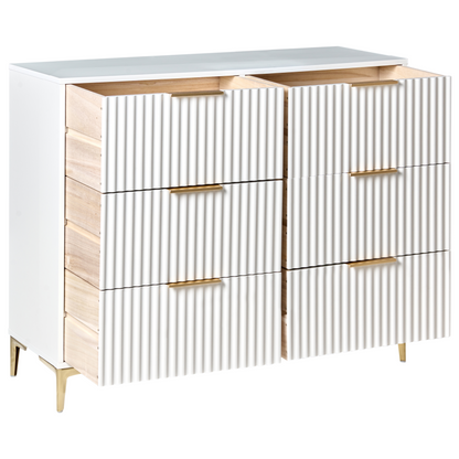 LuxeCasa White MDF Six Drawer Chest With Fluted Fronts Gold Metal Handles For Bedroom And Living Room