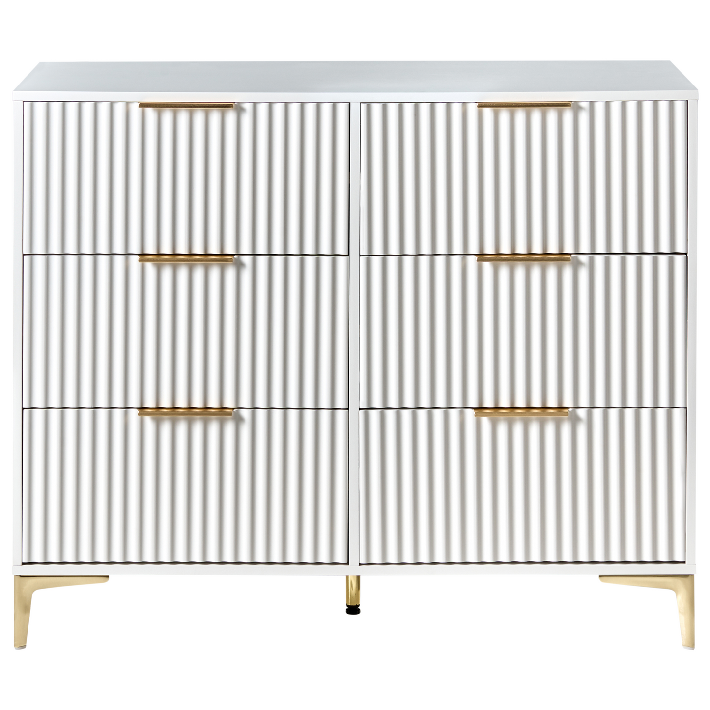 LuxeCasa White MDF Six Drawer Chest With Fluted Fronts Gold Metal Handles For Bedroom And Living Room