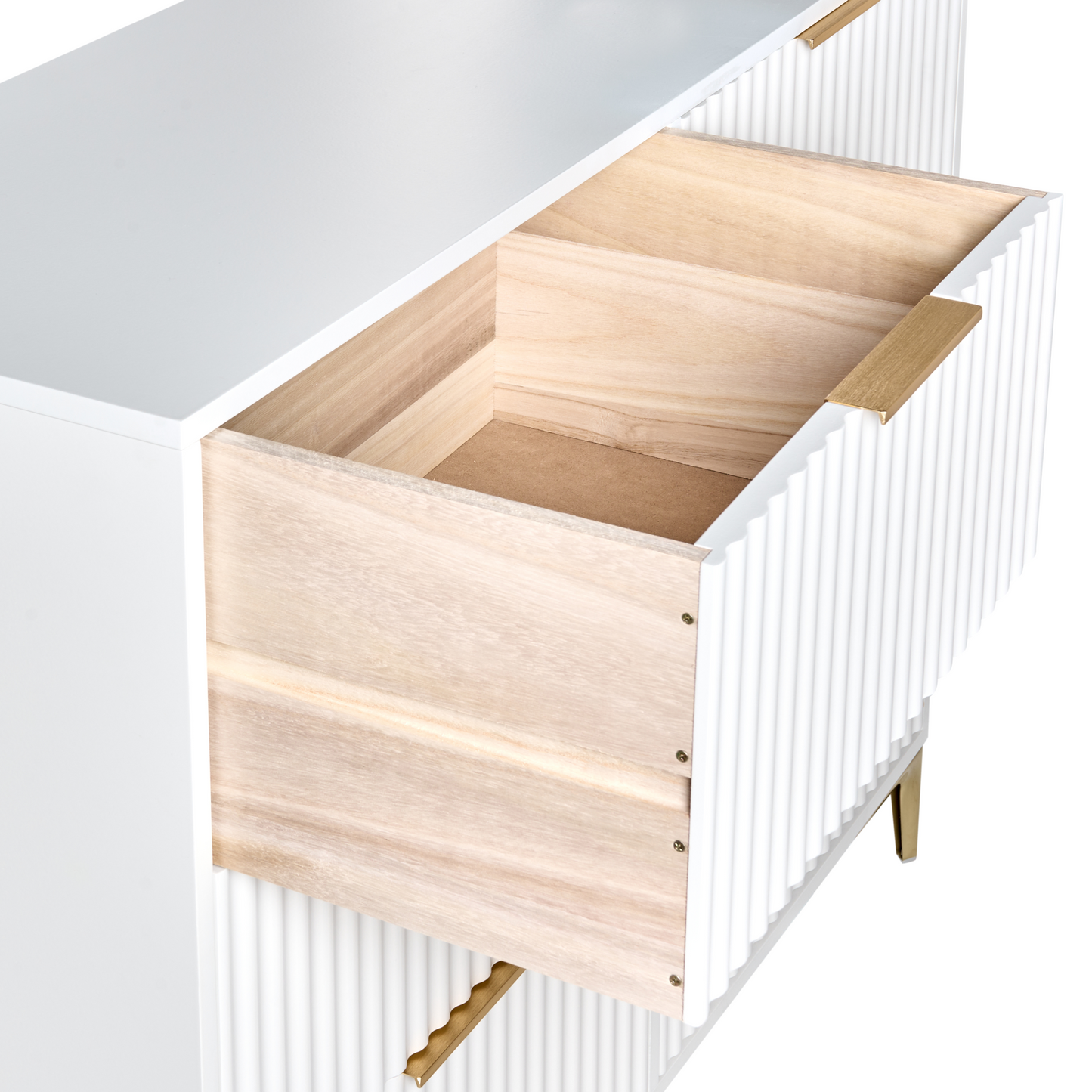 LuxeCasa White MDF Six Drawer Chest With Fluted Fronts Gold Metal Handles For Bedroom And Living Room