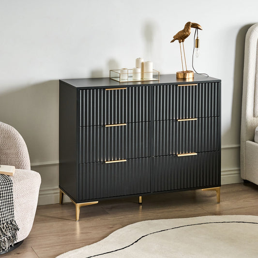 Black MDF Six Drawer Chest With Fluted Fronts And Metal Handles