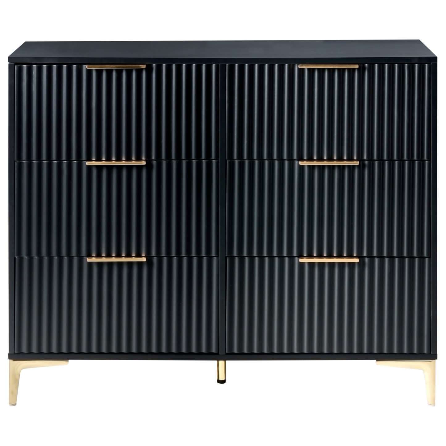 Black MDF Six Drawer Chest With Fluted Fronts And Metal Handles