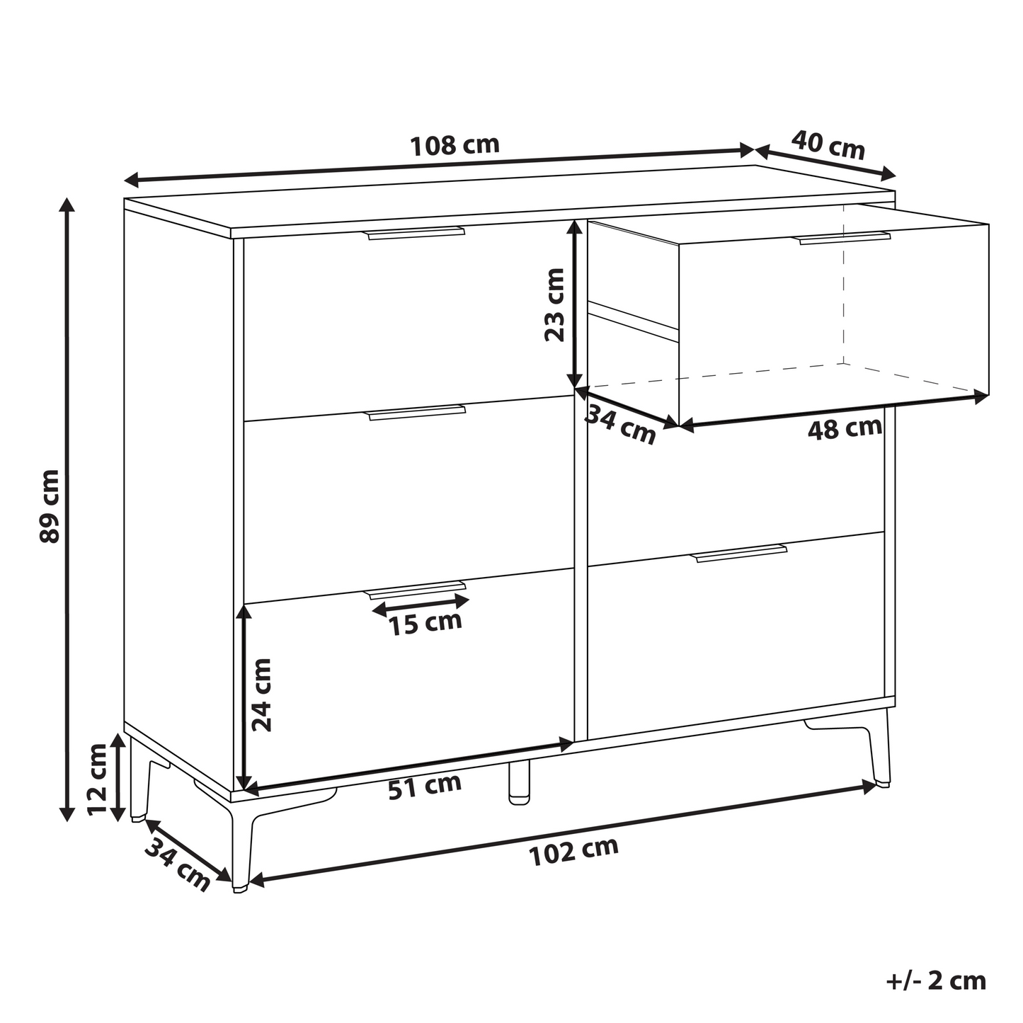 Black MDF Six Drawer Chest With Fluted Fronts And Metal Handles