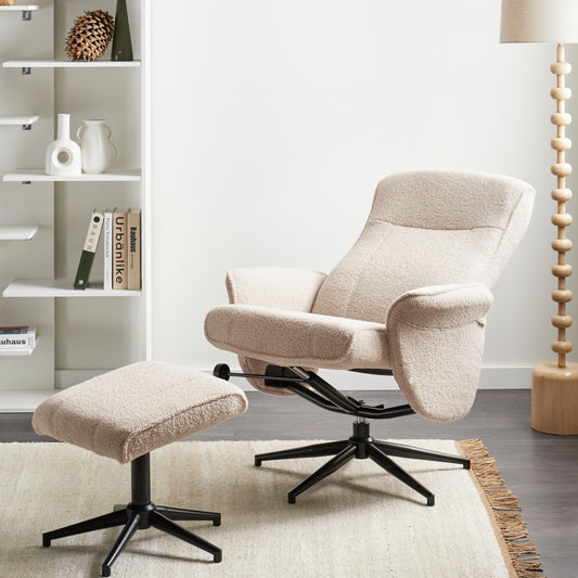 Recliner Armchair Beige With Footstool Boucle Fabric Swivel
