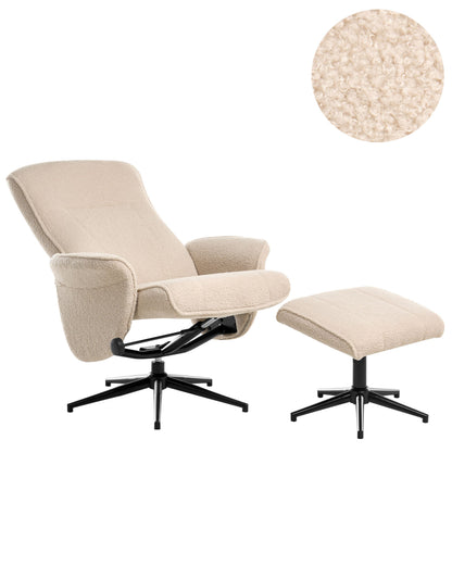 Recliner Armchair Beige With Footstool Boucle Fabric Swivel