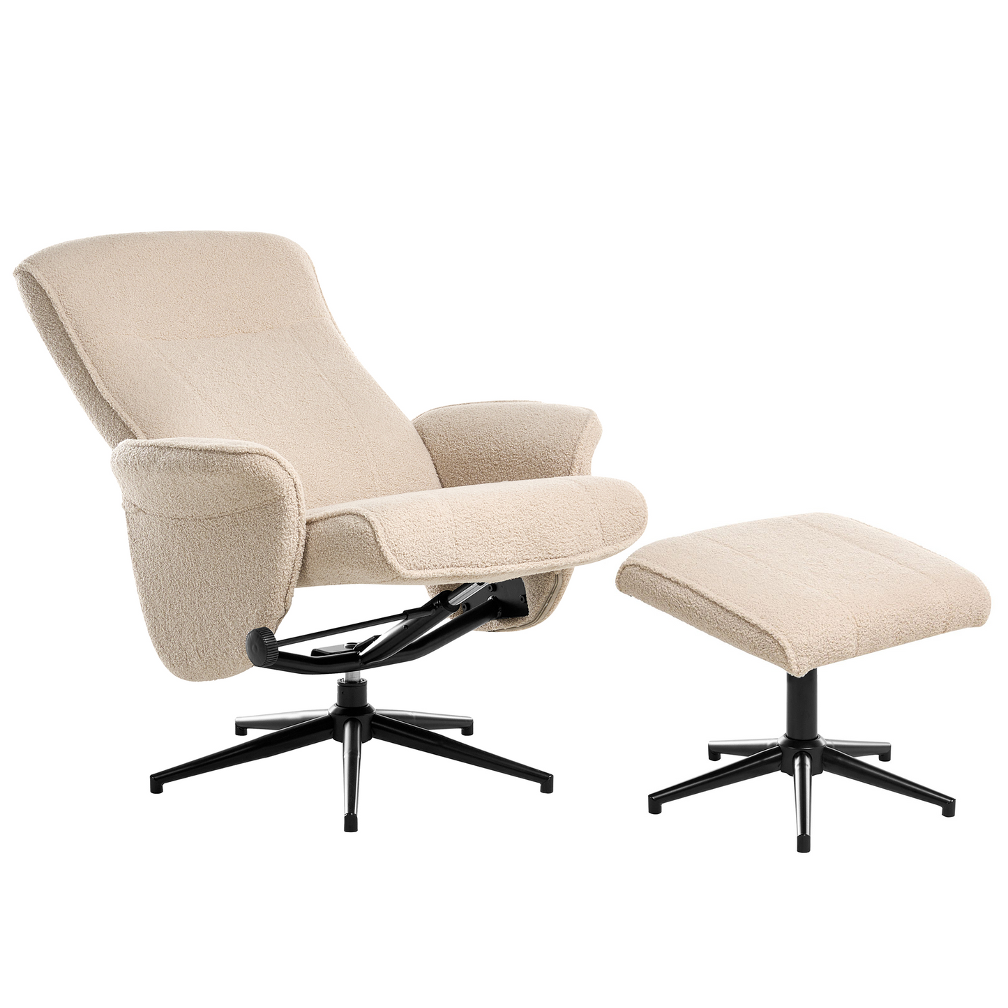 Recliner Armchair Beige With Footstool Boucle Fabric Swivel