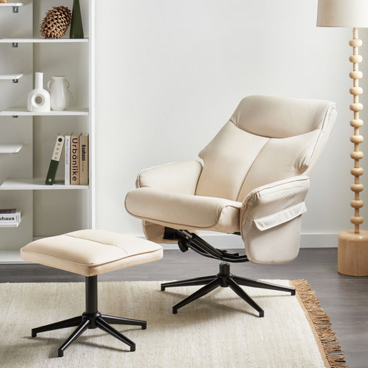 Beige Recliner Armchair With Footstool Swivel Retro Design