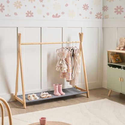 Kids Clothing Rack Pine Wood Teepee Storage With Fabric Shoe Shelf Light Brown