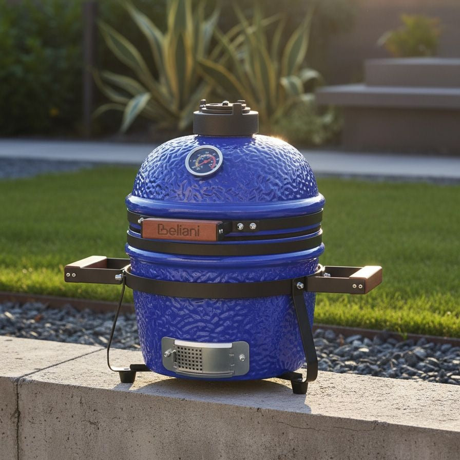 Blue Ember Ceramic Kamado Grill with Lid and Thermometer