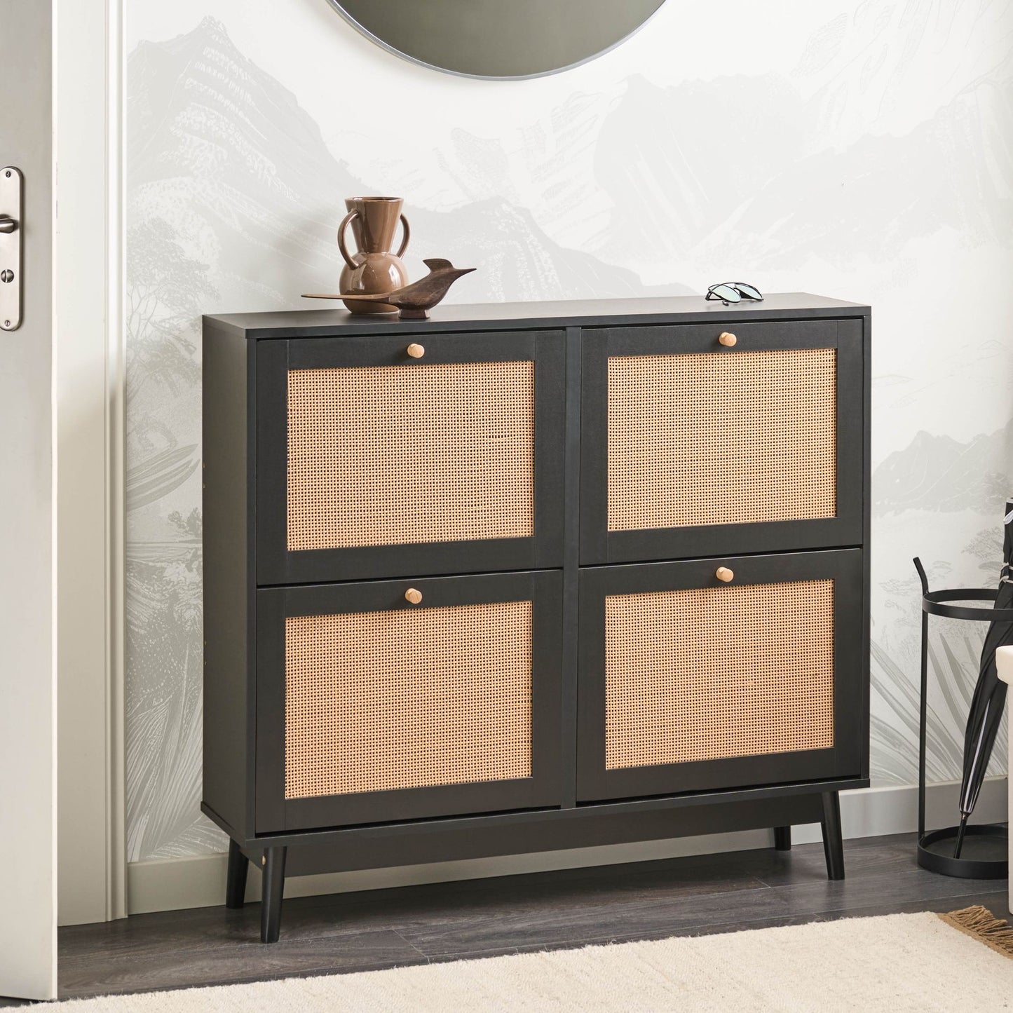 Boho Black Rattan Fronts Shoe Storage Cabinet 4 Compartments