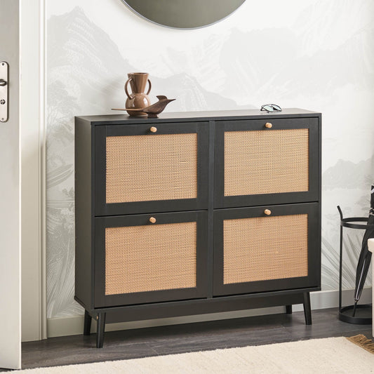 Boho Black Rattan Fronts Shoe Storage Cabinet 4 Compartments