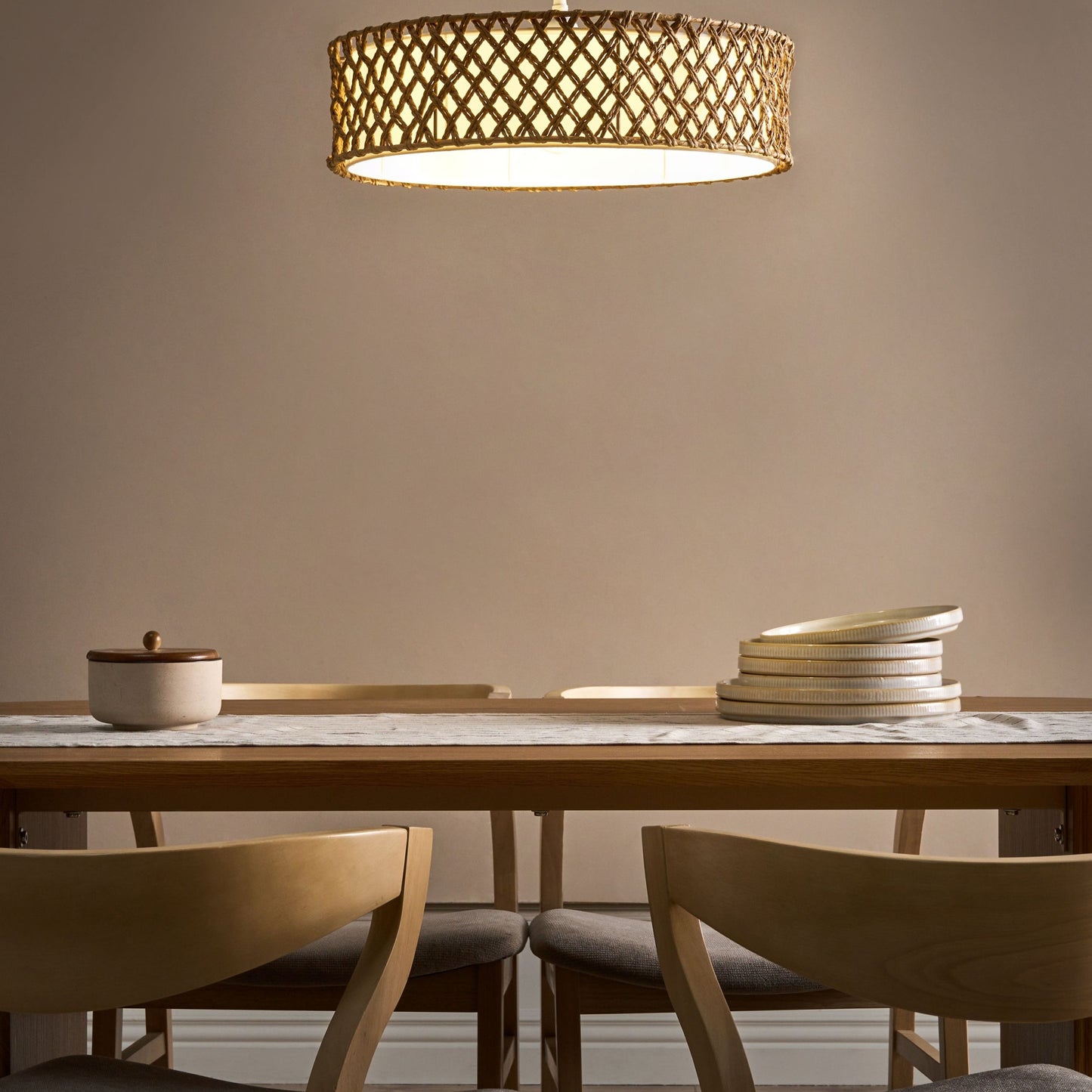 Natural Paper Rope Pendant Lamp With Plaited Shade For Dining And Living Rooms