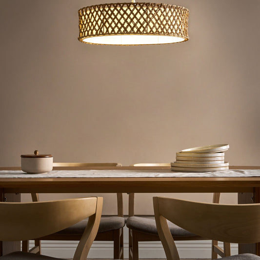 Natural Paper Rope Pendant Lamp With Plaited Shade For Dining And Living Rooms