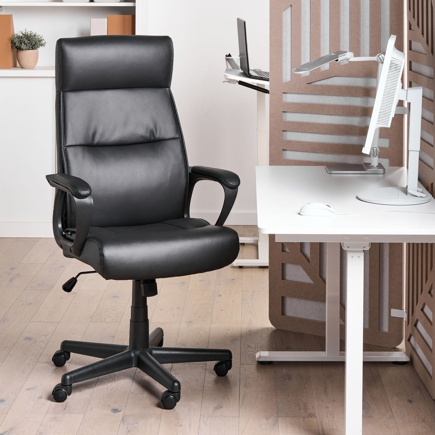 Executive Office Chair Black Faux Leather Swivel With Adjustable Height And Armrests For Home Office