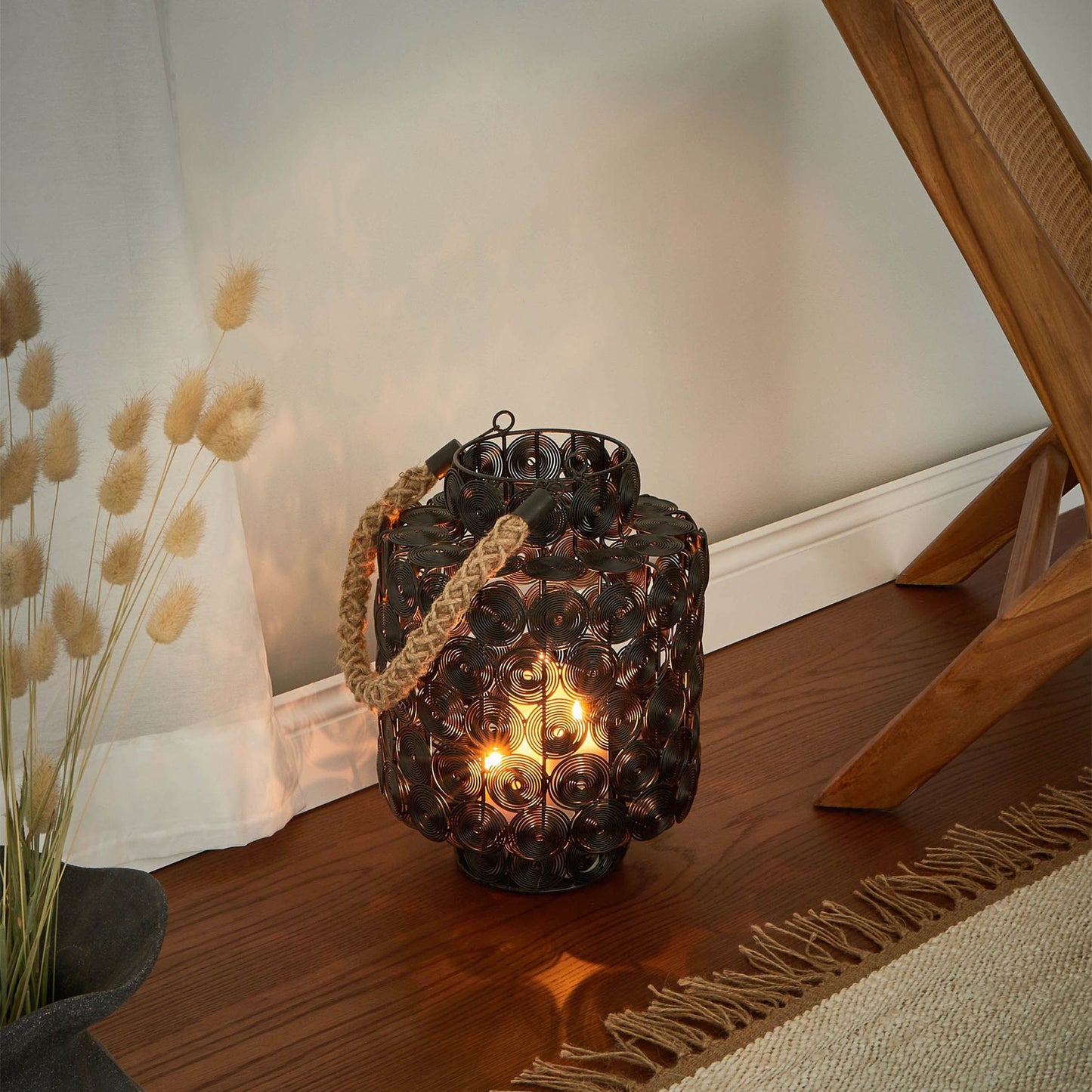 Lantern Black Metal With Jute Handle 35cm