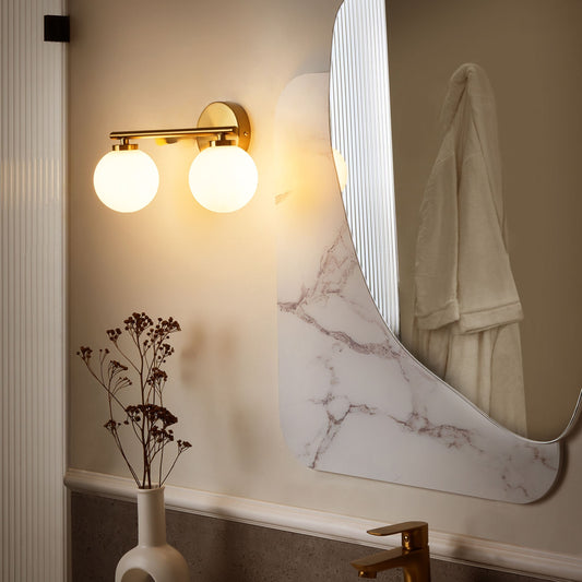 Wall Lamp 2 Lights Brass White Glass Globe Shade Modern