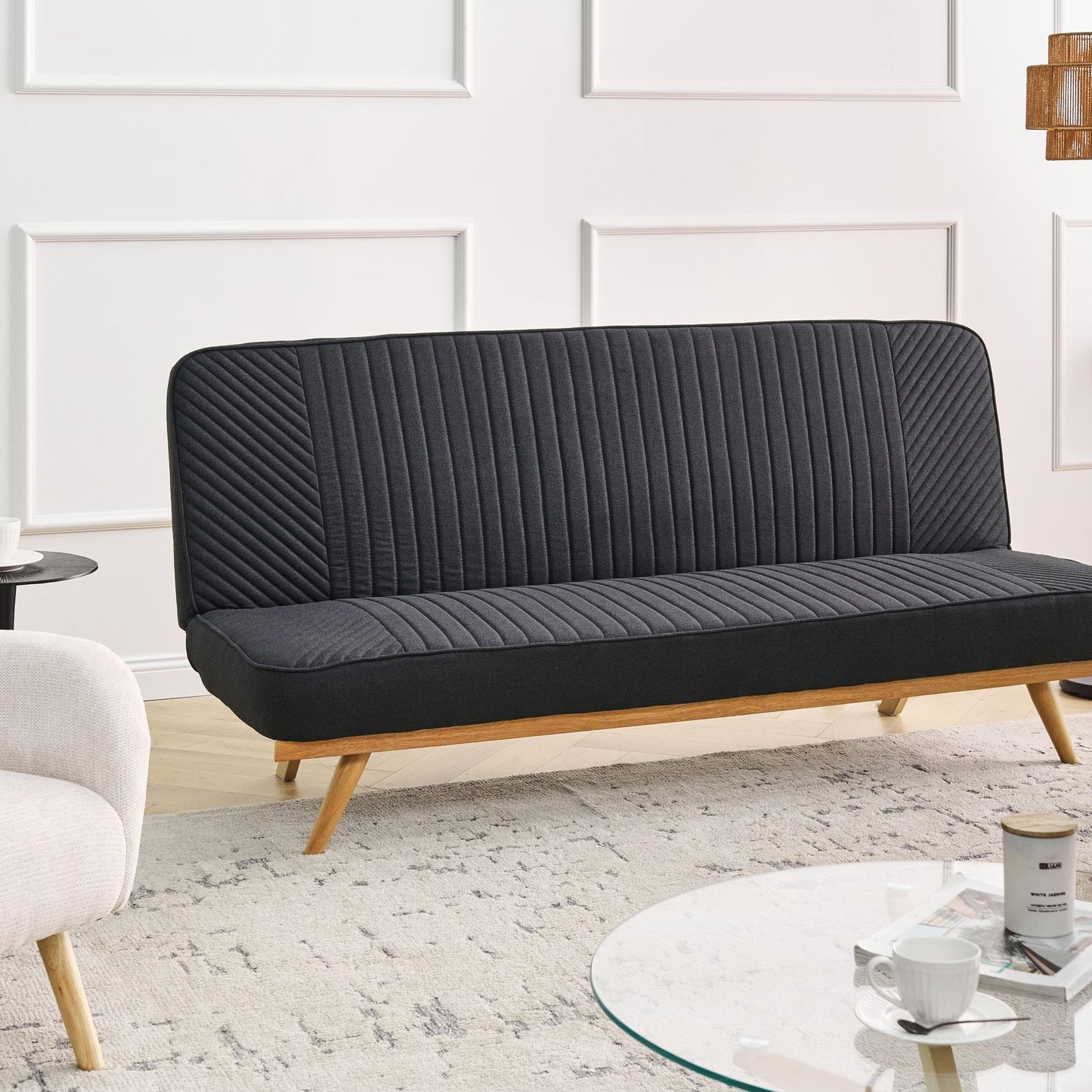Black Fabric Sofa Bed 2 Seater Tufted Backrest Metal Legs