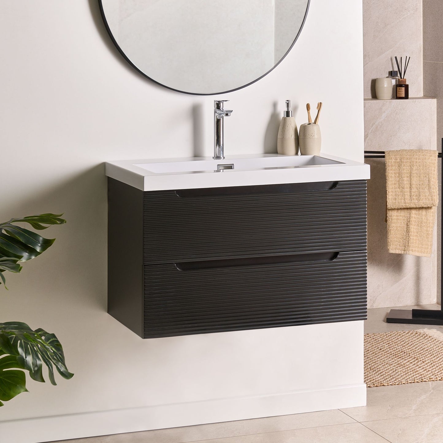 AuraBath Black MDF Wall Mounted Vanity With Ceramic Sink 80cm