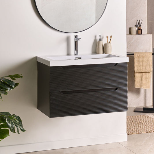 AuraBath Black MDF Wall Mounted Vanity With Ceramic Sink 80cm