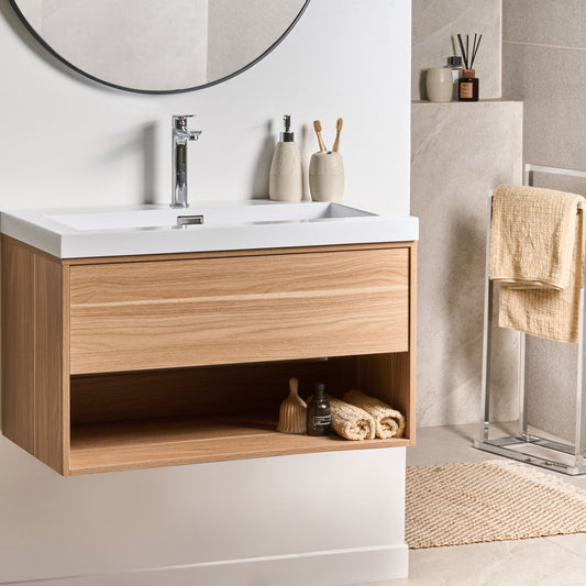 Wall Mounted Vanity Unit With Basin 80cm Light Brown Wood