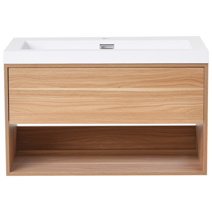 Wall Mounted Vanity Unit With Basin 80cm Light Brown Wood