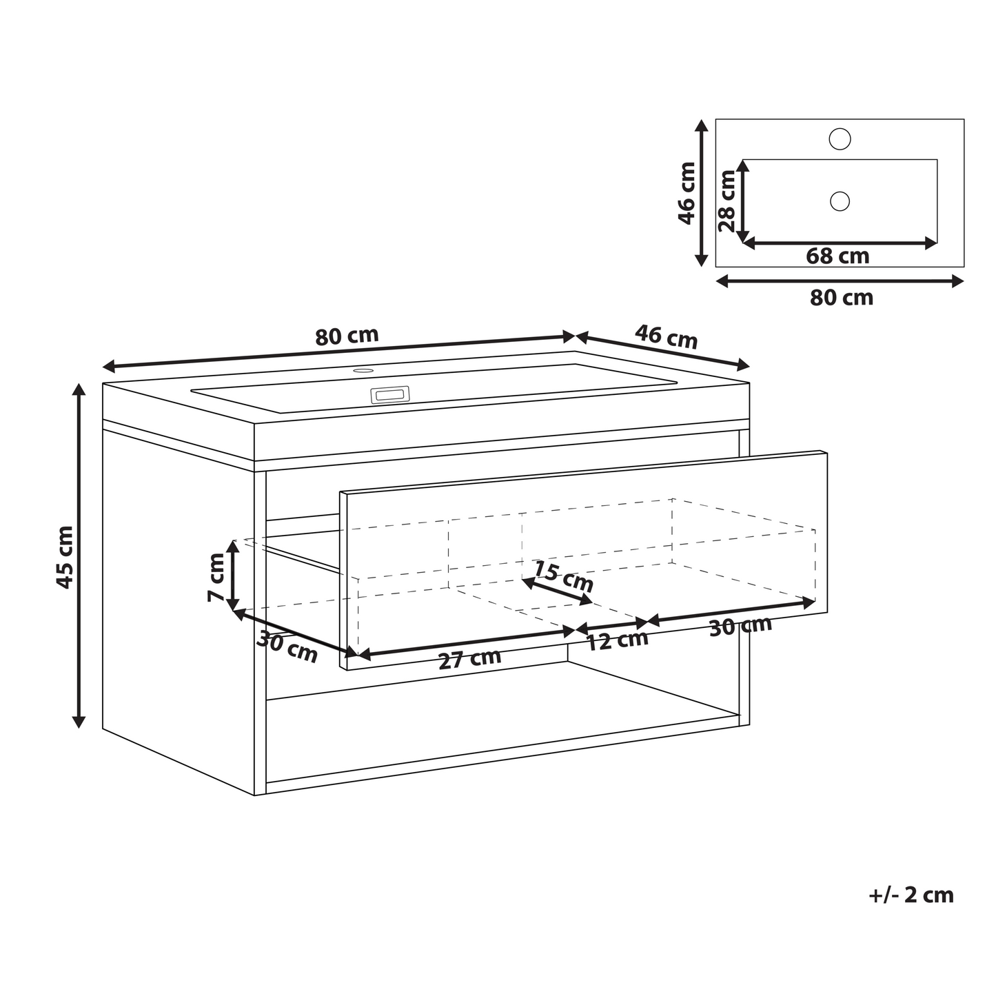 Wall Mounted Vanity Unit With Basin 80cm Light Brown Wood