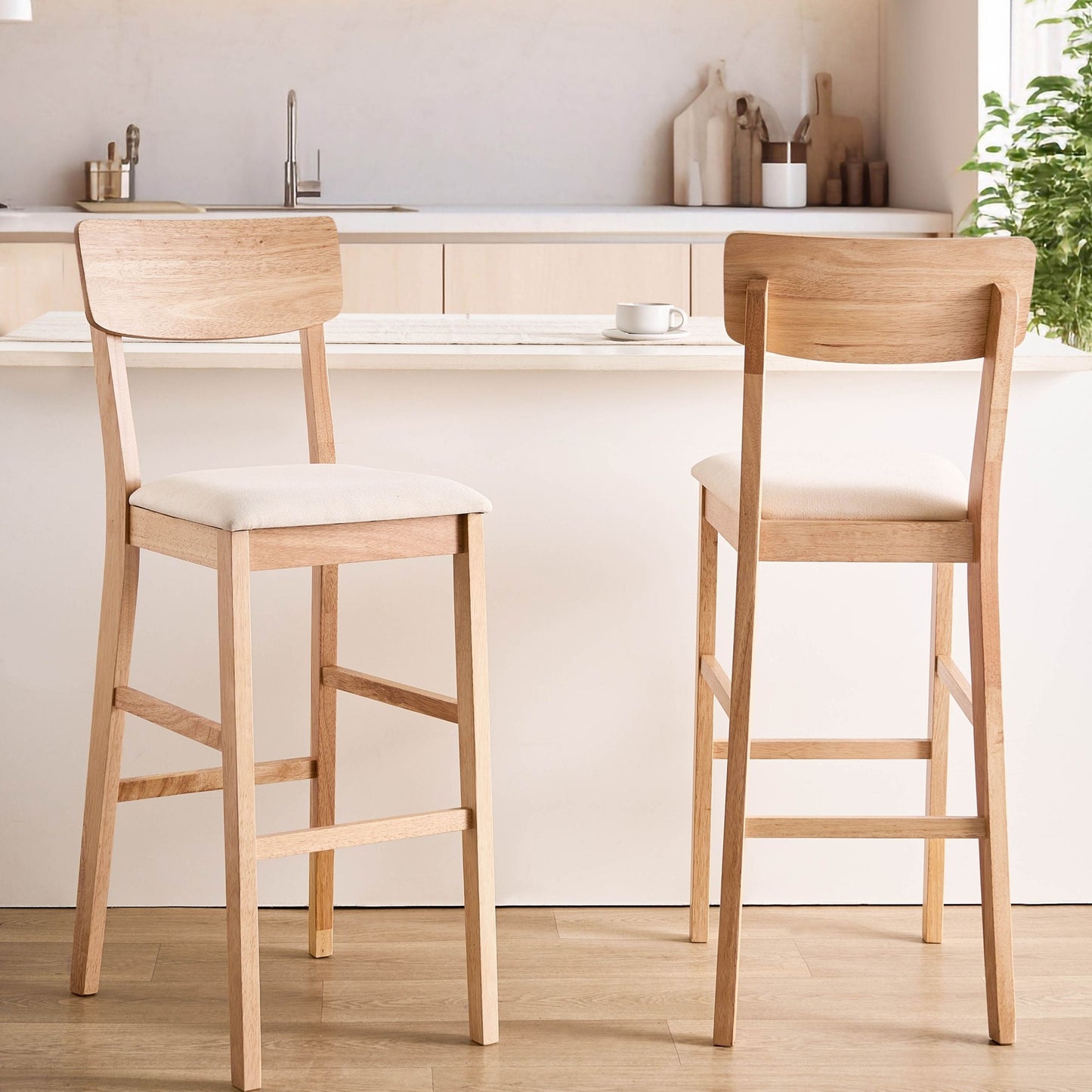 Set Of 2 Bar Chairs Rubberwood Light Brown And Beige