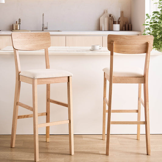 Set Of 2 Bar Chairs Rubberwood Light Brown And Beige
