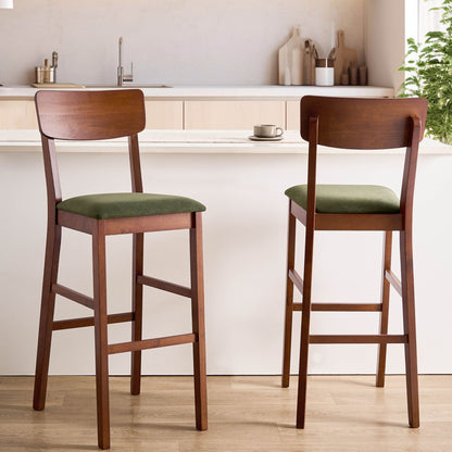 Home Set Of 2 Bar Chairs Walnut Rubberwood Dark Green