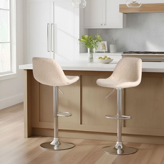 Set Of 2 Modern Light Beige Boucle Bar Stools With Silver Chrome Legs Swivel And Adjustable Height